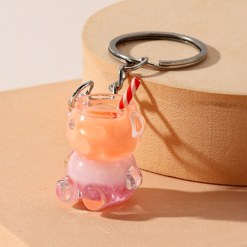 Wholesale Nightlight Bicolor Little Bear Milk Tea Straw Cup Resin Keychain
